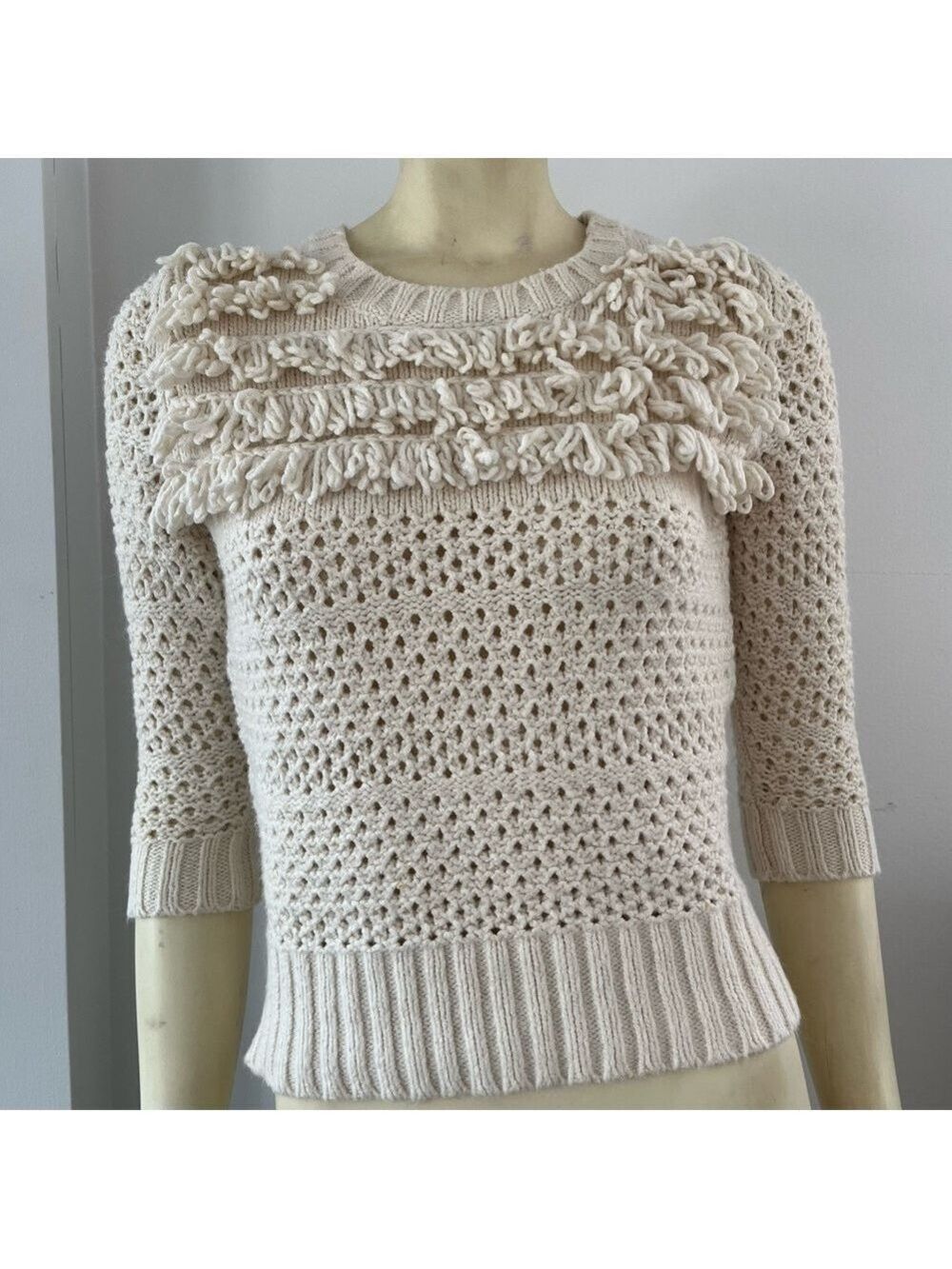 ANTHROPOLOGIE Far Away From Close Women’s Alabaster Tassels Knit Sweater Cream S